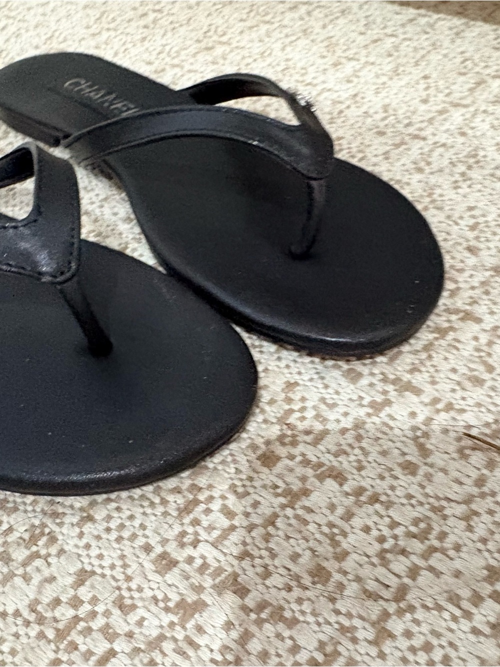 CHANEL Black Leather Logo Thong Sandals - Picture 2 of 5